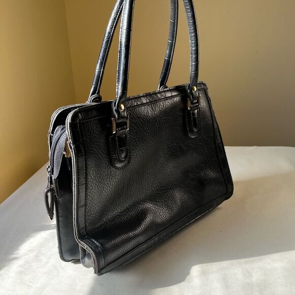 Vintage Cornell Vegan Leather Handbag Black Structured Satchel Gold Hardware - Picture 2 of 9